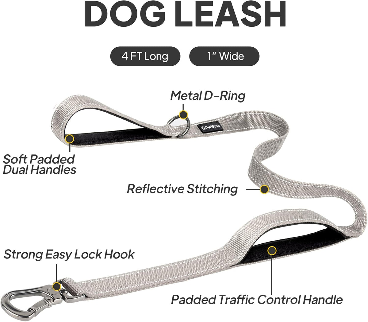 4FT Heavy Duty Dog Leash with Soft Padded Double Handle, Durable Strong Clasp Dog Leashes, Reflective Nylon Walking Lead for Large,Medium,Small Breed Dogs, Grey