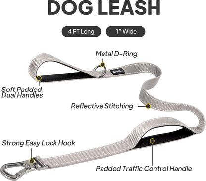 4FT Heavy Duty Dog Leash with Soft Padded Double Handle, Durable Strong Clasp Dog Leashes, Reflective Nylon Walking Lead for Large,Medium,Small Breed Dogs, Grey