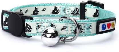 Glow in the Dark Cat Collar with Breakaway Safety Buckle & Bell Adjustable Kitten Collar, Teal